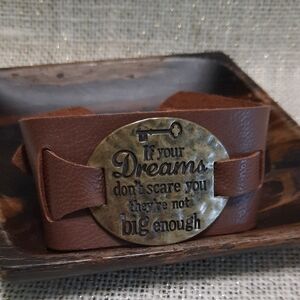 Brown Leather Bracelet with Inspirational Quote in Antique Bronze Oval